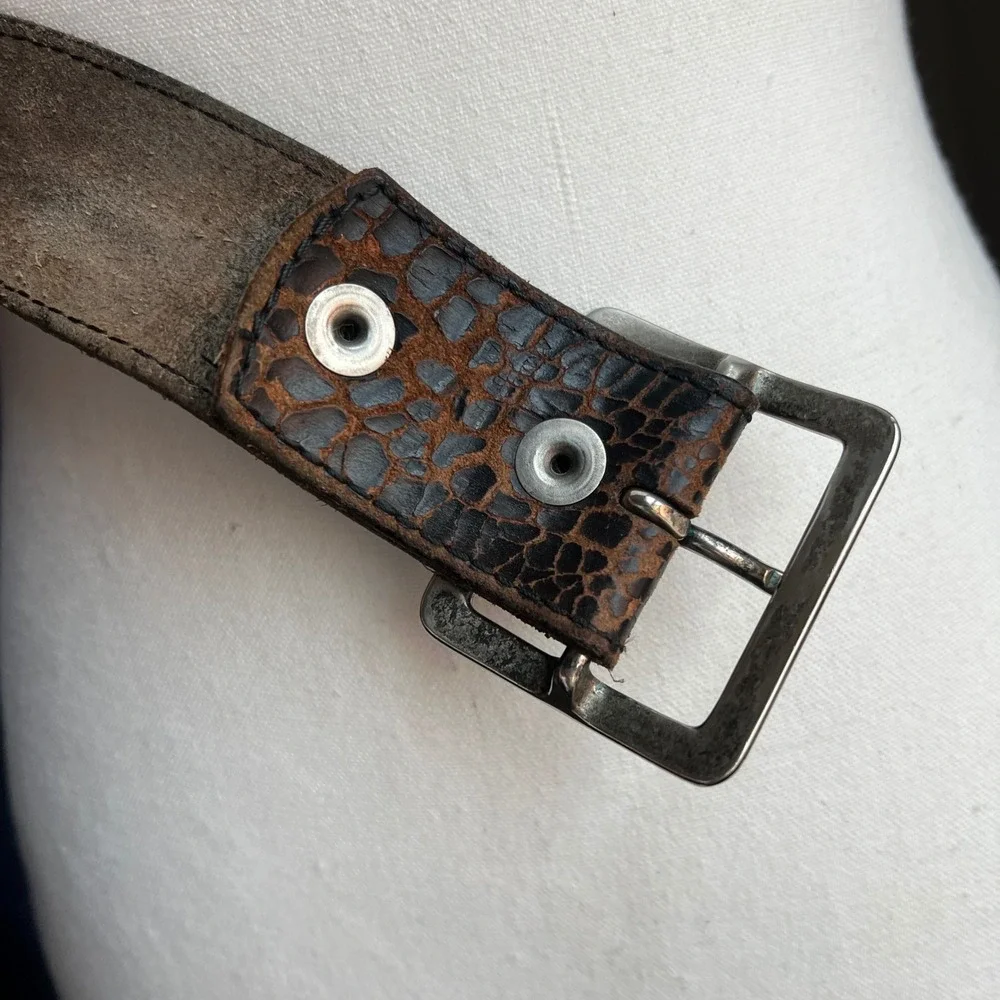 Vintage 90s Distressed Leather Studded Belt Brown Crackle Texture Western Boho